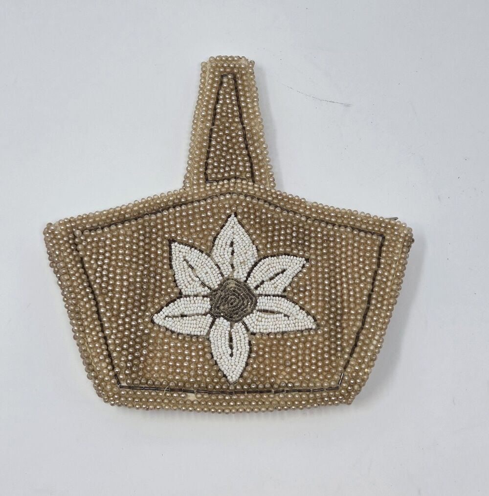 Vintage 1940s 1950s Beaded Evening Purse Floral Pearl Bead Clutch Retro Handbag